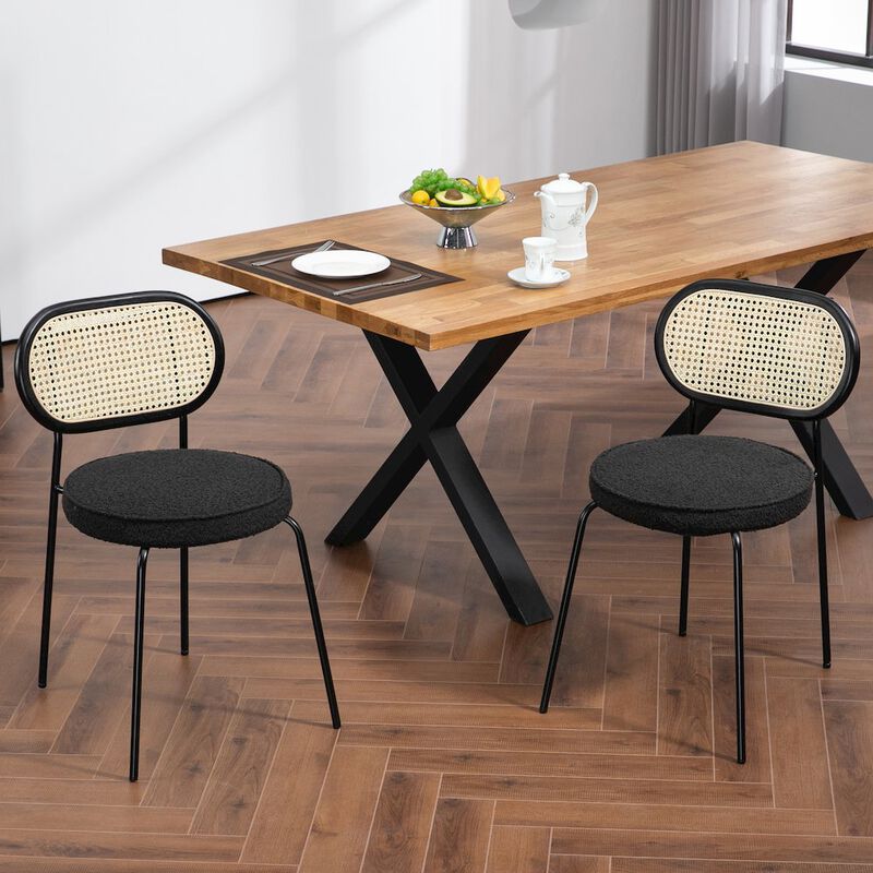 Glamour Home Set of 2 Black Boucle Fabric Dining Chair Rattan Backrest and Black Chrome Legs