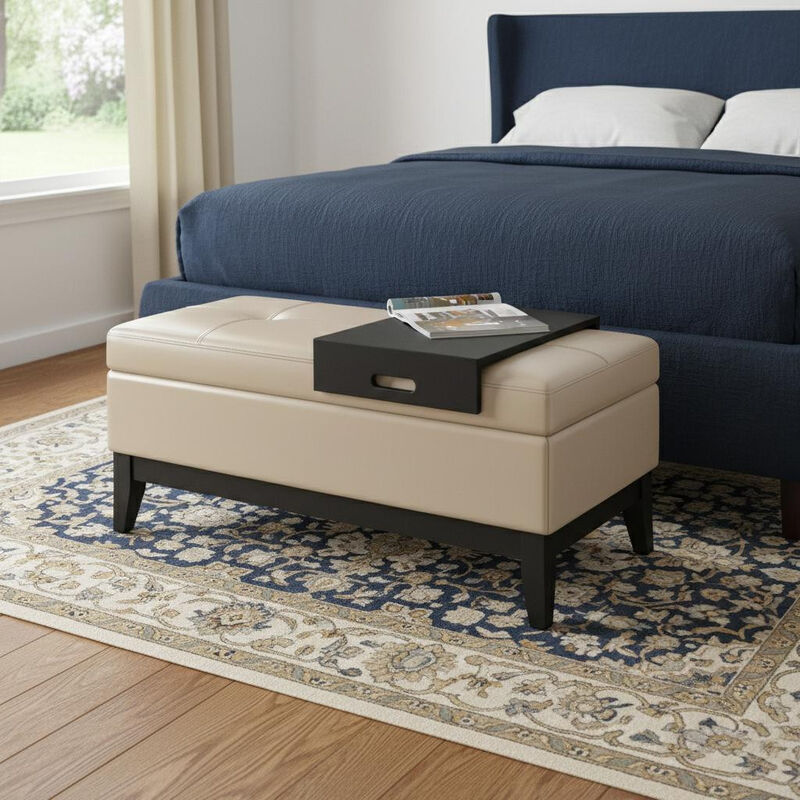 HomeRoots 42" Black and Dark Brown Tufted Faux Leather and Solid Wood Upholstered Storage Bench With Tray image number 1