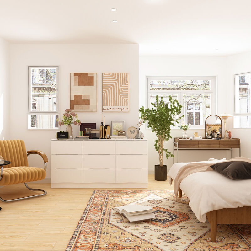 FUFU&GAGA 63" White 9-Drawer Dresser, Modern P2 MDF Construction with Silent Drawer Tracks, Rounded Corners and Anti-Tip Design (63" W x 31.5" H x 15.6" D), Pure White Finish