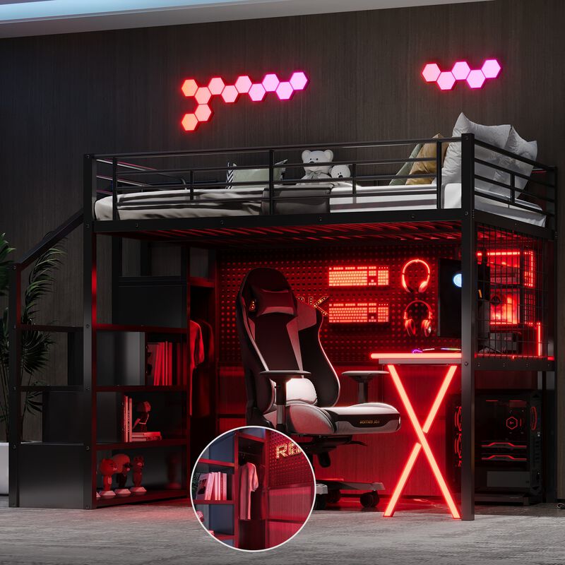 Merax Full Size Black Metal Loft Bed with Workstation, Wardrobe image number 3