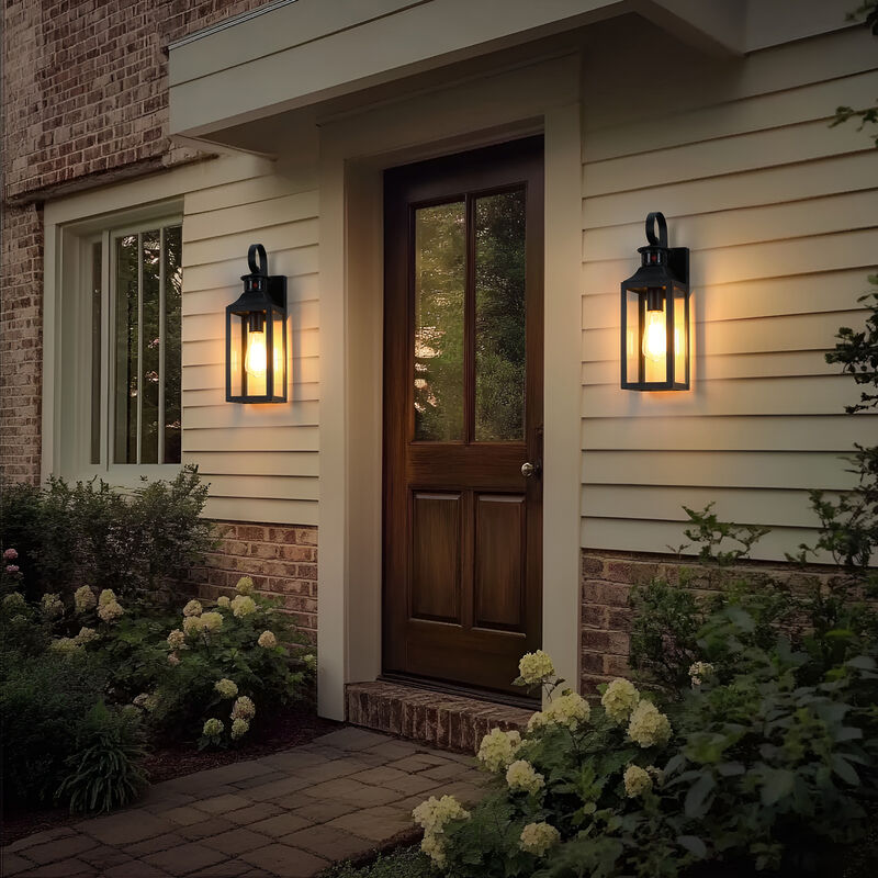 16 in. 2-Pack Modern Farmhouse Black Motion Sensor Outdoor Wall Lanterns image number 5
