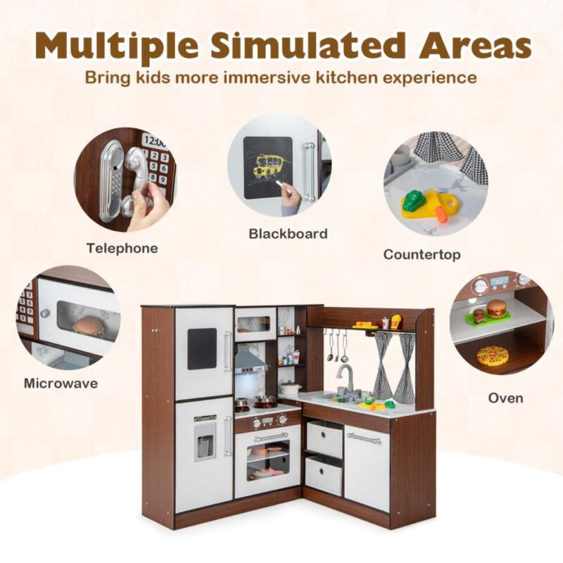 Hivvago Wooden Corner Play Kitchen with Water Circulation System and Lights