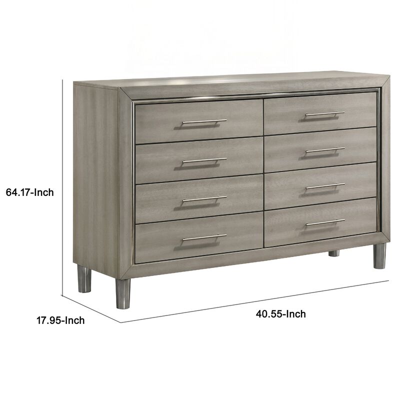 Levy 64 Inch Wide Dresser, 8 Drawers, Silver Trim, Ash Gray Laminate Wood image number 7