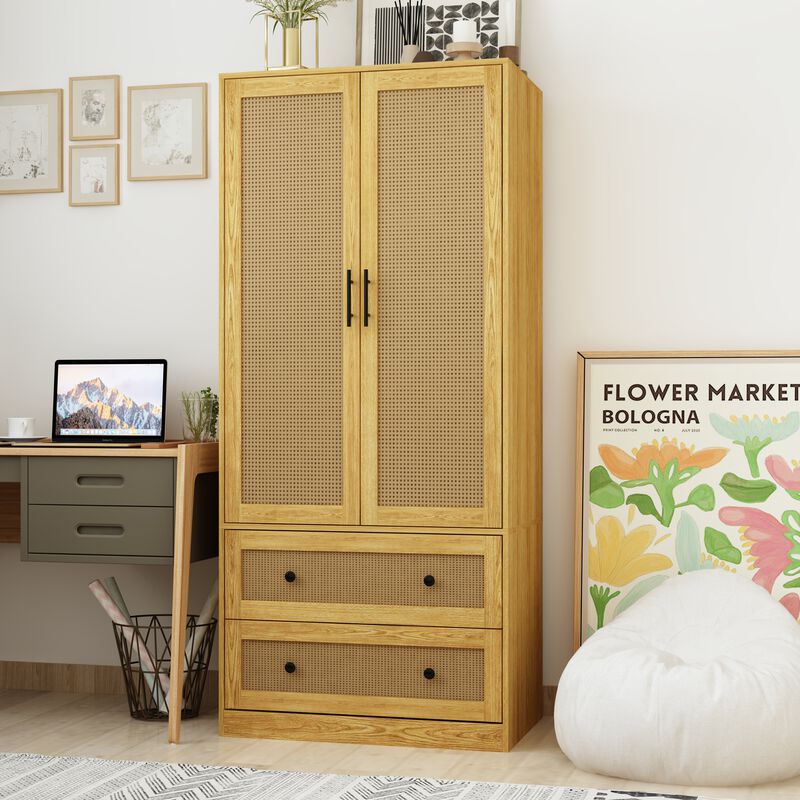 Brown Wooden Grain 31.4 in. Width Wooden Wardrobe, Armoire with 2-Tier Drawers and Hanging Bar