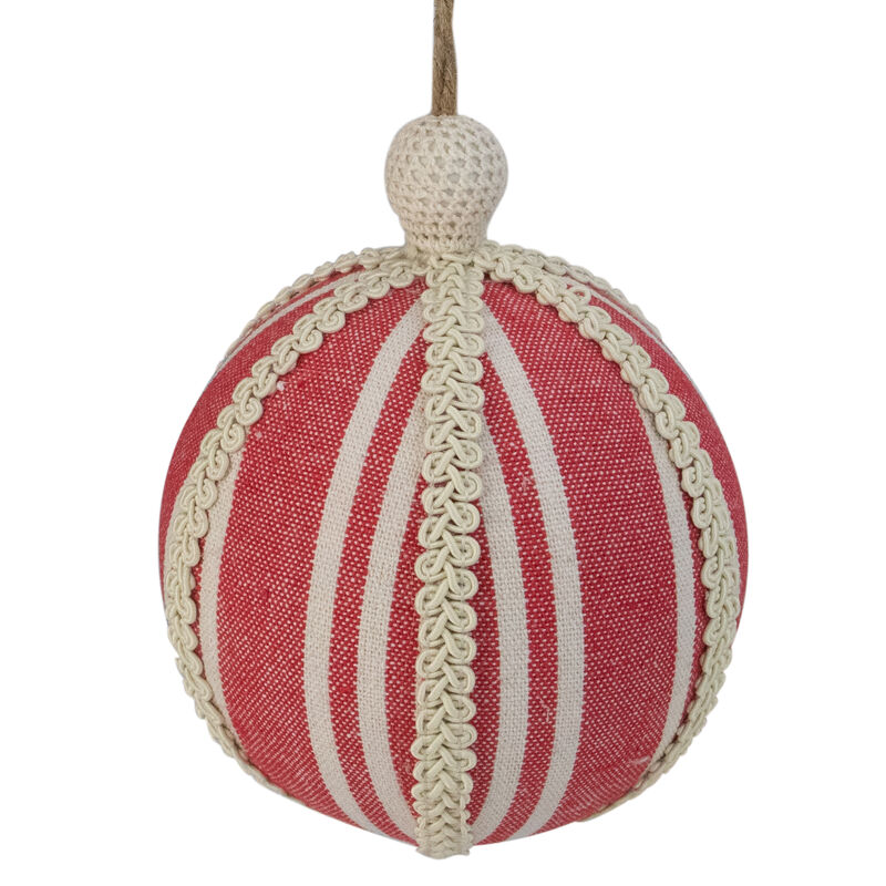 Red Striped and Ribboned Christmas Ball Ornament 6.75" (170mm)