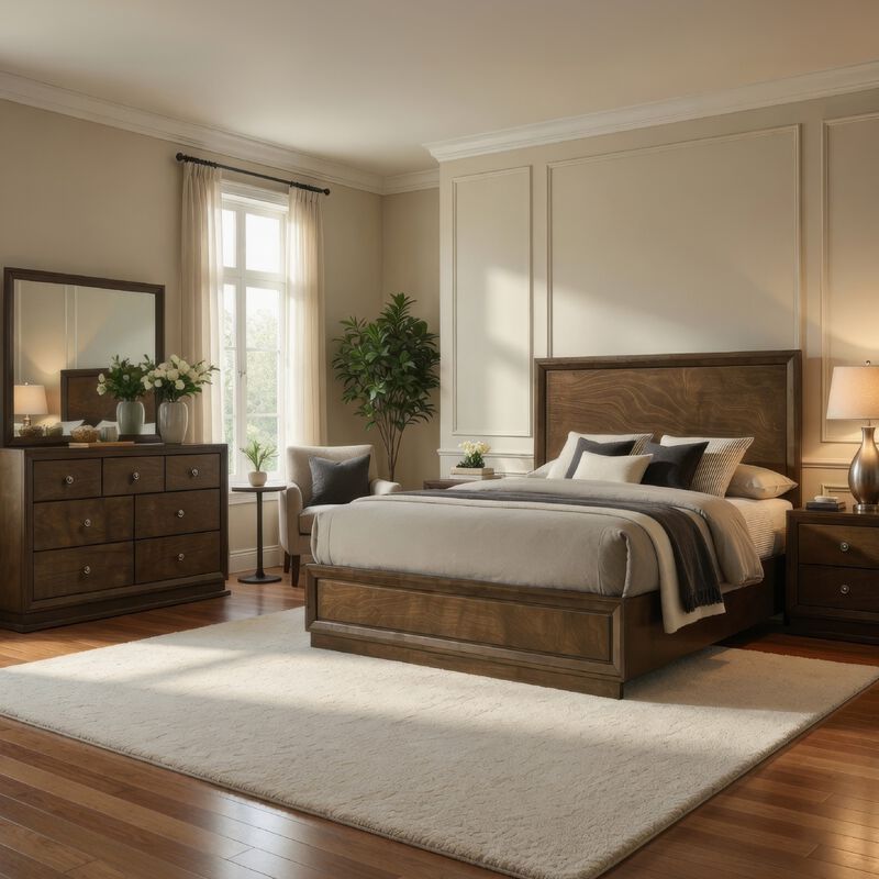 Rouk 5pc Queen Bedroom Set, Walnut Brown Wood, Bronze, 2 Nightstands image number 1