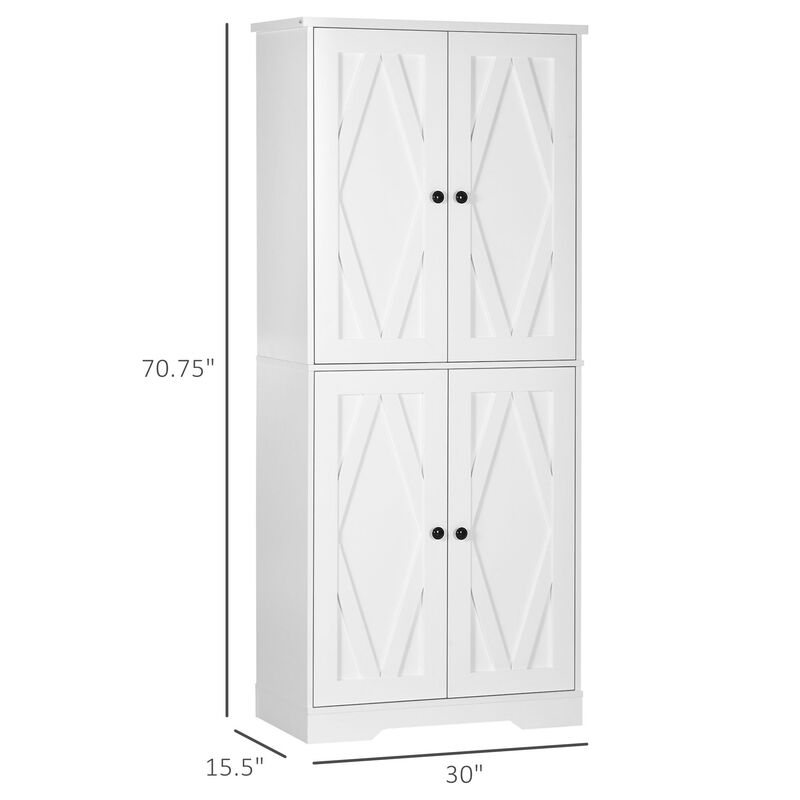 71" Freestanding Kitchen Pantry, Farmhouse 4 Door Storage Cabinet with 4-Tiers and 2 Adjustable Shelves, White