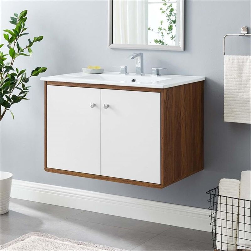 Modway Transmit Wall-Mount, 30" Bathroom Vanity, Walnut White image number 1