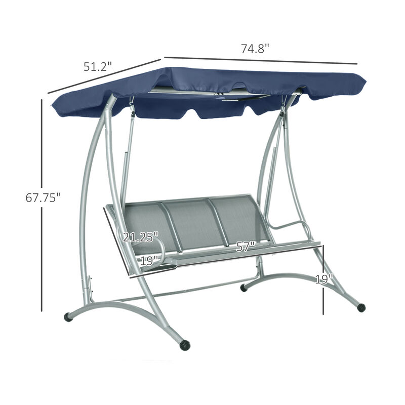 Outsunny 3-Seat Outdoor Porch Swing Chair, Patio Swing Glider with Adjustable Canopy, Breathable Seat, and Steel Frame for Garden, Poolside, Backyard, Blue