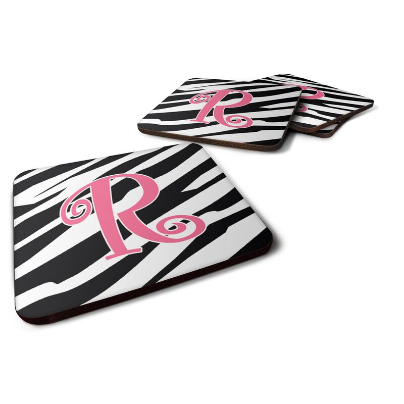 Caroline's Treasures CJ1037-RFC Monogram-Zebra Stripe and Pink Foam Coasters (Set of 4), Initial Letter R, 3.5 H x 3.5 W, Multicolor