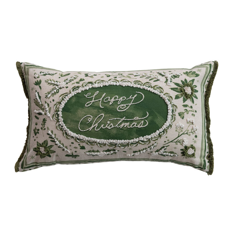 Cotton & Linen Holiday Lumbar Pillow in Green and Cream image number 0