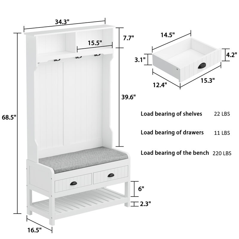 68.5 in. White Wood 3-in-1 Hall Tree Coat Rack Storage Bench with 4-Metal Double Hooks and 2-Drawers, Shelves