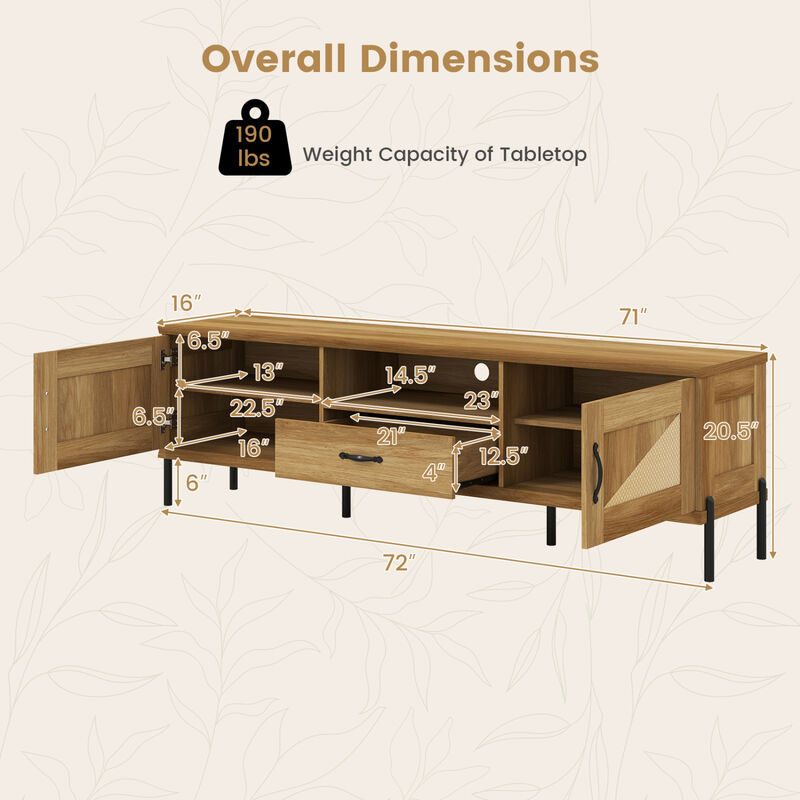 Mid Century Modern Rattan TV Stand with 2 Storage Cabinets for 80 Inch TVs image number 2