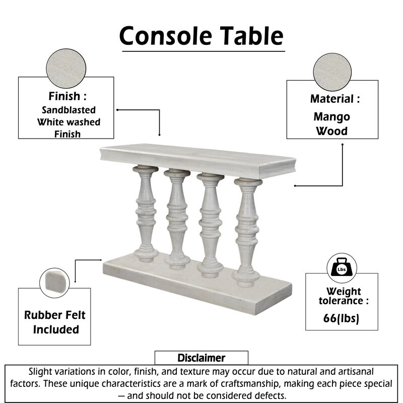 Sofa Console Table, 42 Inch Top, Sandlasted Washed White Mango Wood, Turned Pillar Legs image number 4