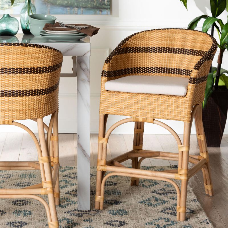 bali & pari Elma Rattan Counter Stool with Cushion - Barrel-Back Counter Chair with Synthetic Woven and Natural Rattan Frame, Boho Coastal Style Seating for Kitchen or Lounge
