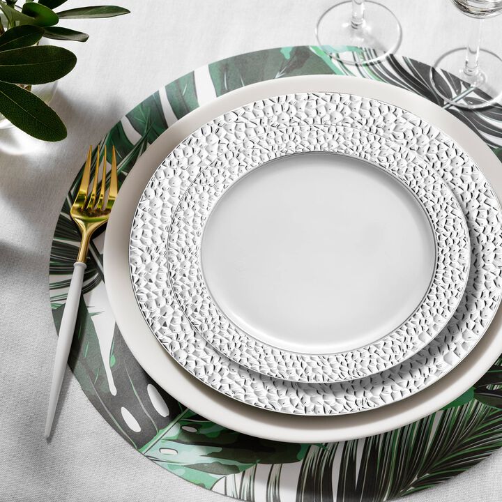 White with Silver Hammered Rim Plastic Dinnerware Value Set (40 Sets)