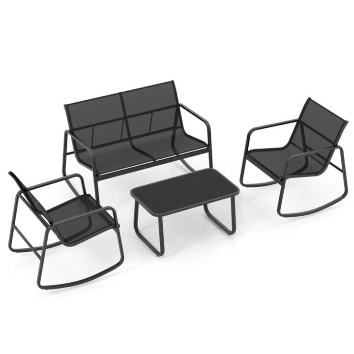 Hivvago 4 Piece Patio Rocking Set with Glass-Top Table-Black