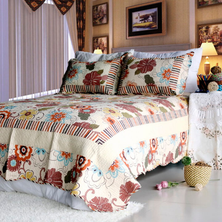 Floral Cotton Quilt Set 3 Piece, Vermicelli Quilted Bedding Ensemble-Red