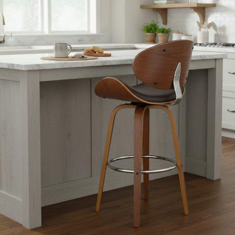 26" Swivel Brown Faux Leather and Walnut Wood Counter Stool image number 2