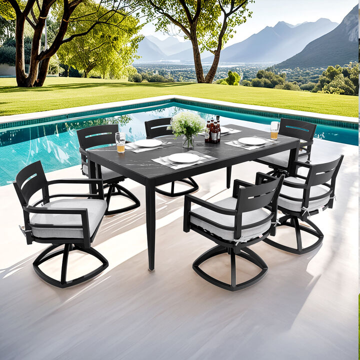 7-Piece Outdoor Patio Aluminum Dining Set, Sintered Stone Top Dining Table and 6 Swivel Rockers with Sunbrella Cushions