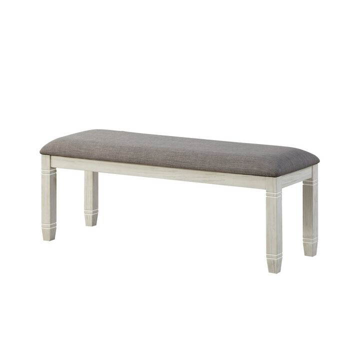 Fabric Upholstered Padded Bench with Tapered Feet, Antique White and Gray - Benzara