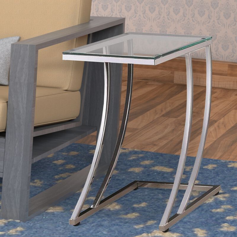 Contemporary Metal Accent Table With Glass Top, Clear And Silver-Benzara