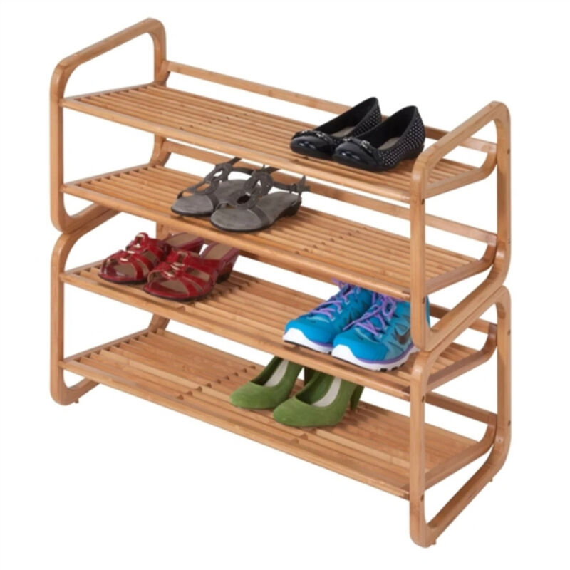 Stackable Wicker 2-Shelf Shoe Rack Holds 8 Pairs Ideal for Closet or Hallway