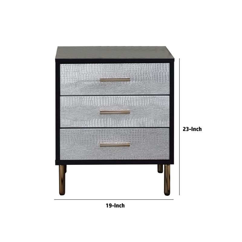 San 19 Inch Glamorous Style Nightstand, 3 Drawers, Black, Silver, Gold image number 5