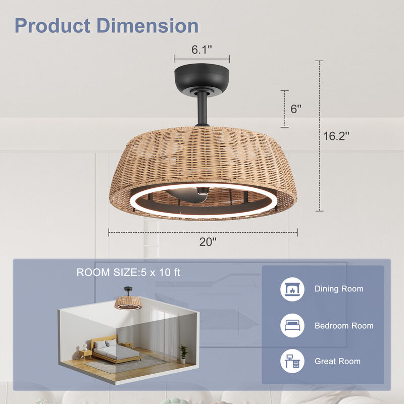 Breezary 20" LED Caged Ceiling Fan with Light, Rattan Fandelier, 6 Speed Remote, Dimmable, 3 Blades image number 5