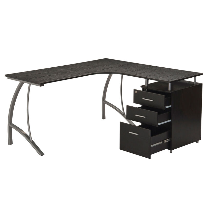 Modern L- Shaped Computer Desk with File Cabinet and Storage, Espresso