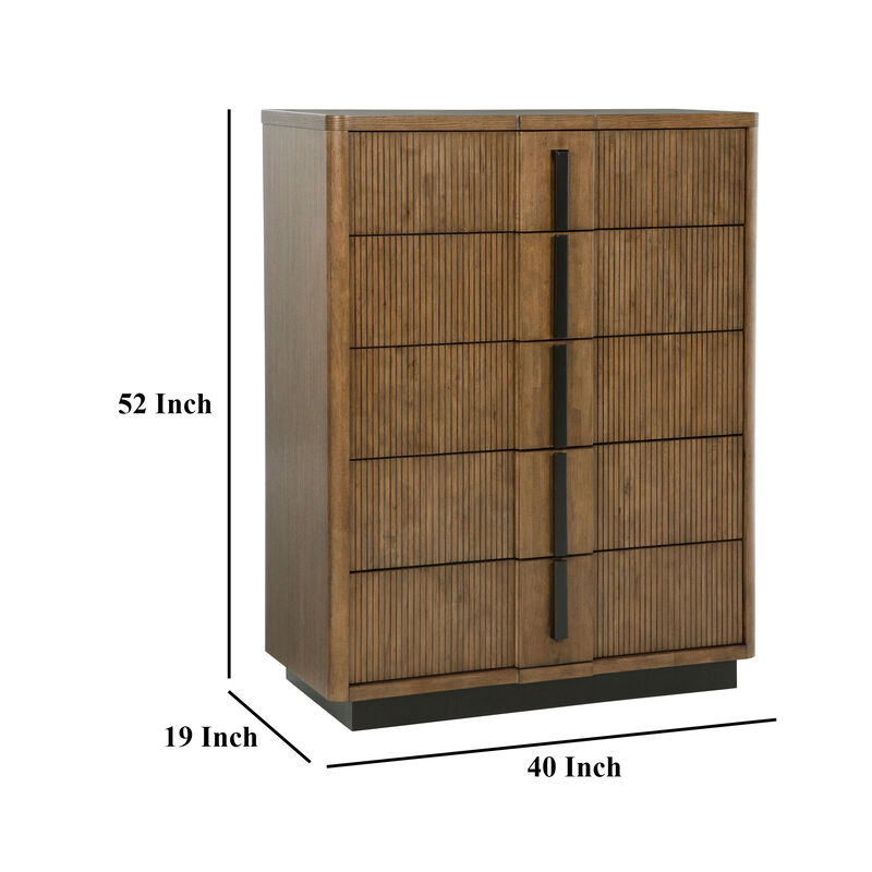 Reon Tall Dresser Chest, 5 Drawers, Decorative Reeded Ash Brown Black - Benzara