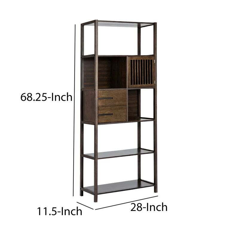 Axa 68 Inch Bamboo Shelf Bookcase with Cabinet, Right Facing, Dark Brown - Benzara