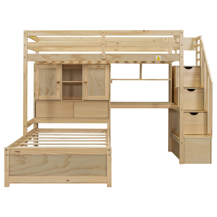 Whisen Twin over Twin Loft Bed with Desk & Staircase, Pine, for Bedroom