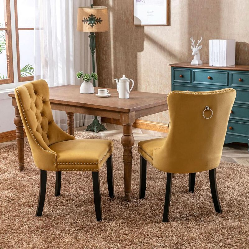 ShipItFurniture Velvet Dining Chairs Gold Finishing Collection Set - 2-Piece High-Back Tufted Velvet Side Chairs, Walnut Legs image number 4