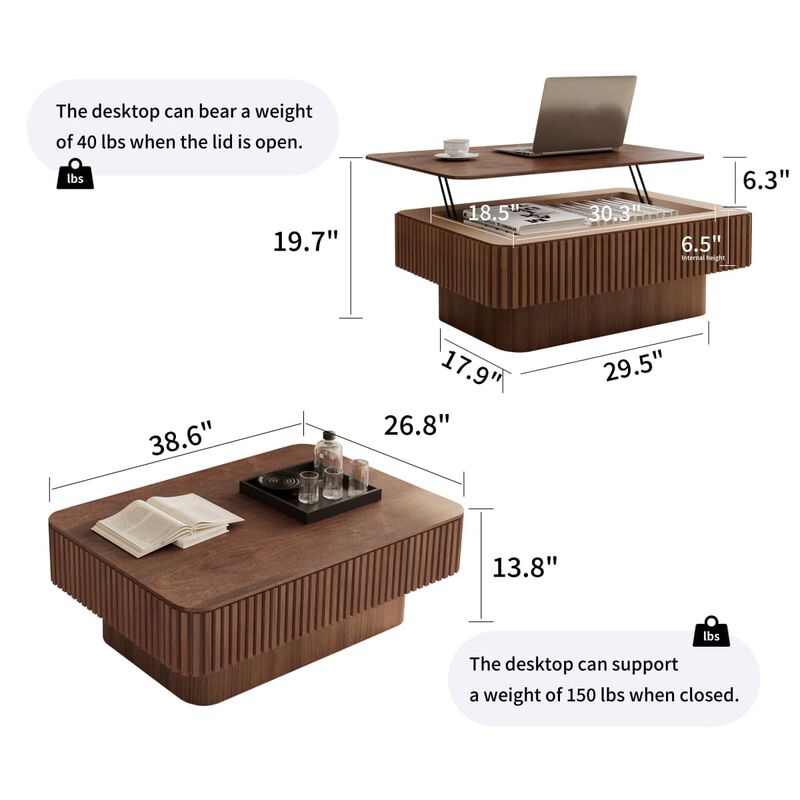 Rectangular lift top coffee table Coffee table with hidden storage and soft close Fluted MDF and solid wood veneer coffee table image number 2