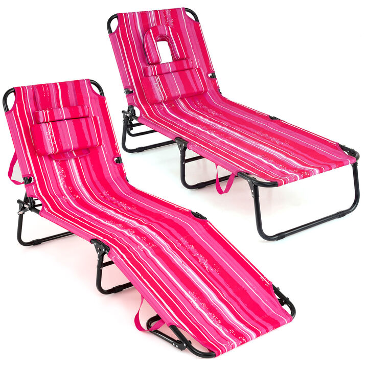 Set of 2 Folding Tanning Chairs with Face Hole and 3 Removable Pillows