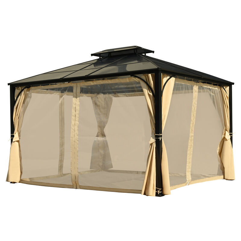 10'x12' Hardtop Outdoor Gazebo, Double-Layer Mosquito Netting & Privacy Curtains