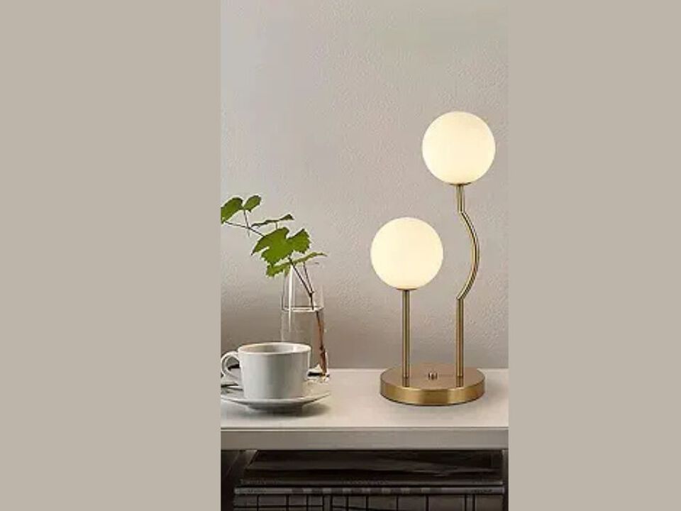 Mid Century Gold Globe Table Lamp with Dual Glass Shades Modern Bedside Light