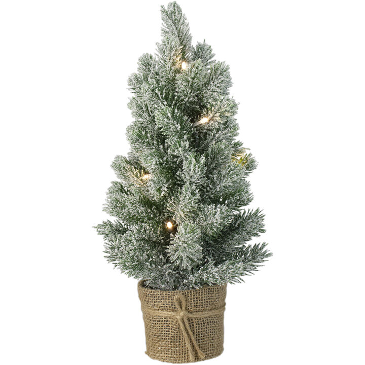 17" LED Mini Flocked Artificial Tabletop Christmas Tree with Burlap Base  Clear Lights
