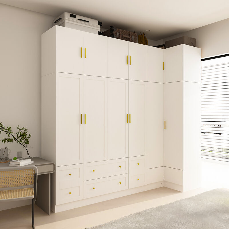 FUFU&GAGA L-Shaped Corner Wardrobe Combination with Large Storage Space, Adjustable Shelves, Hanging Rods, (98.4 in. W x 19.7 in. D x 94.5 in. H), White