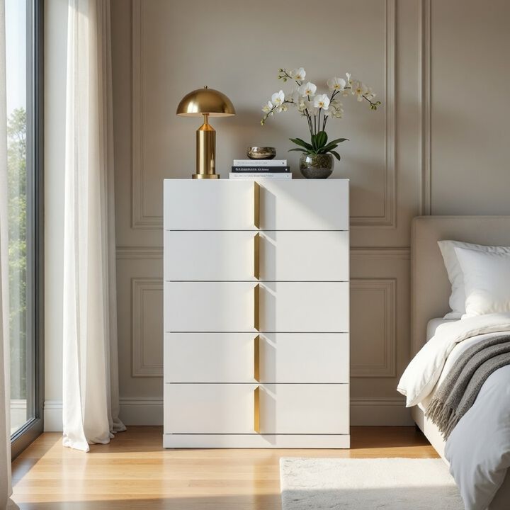 Orion Tall Dresser Chest with 5 Drawers, Gold Handles, Glossy White Wood