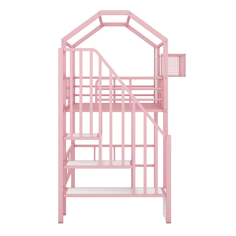 Whisen Metal Loft Bed with roof design and a storage box- Pink
