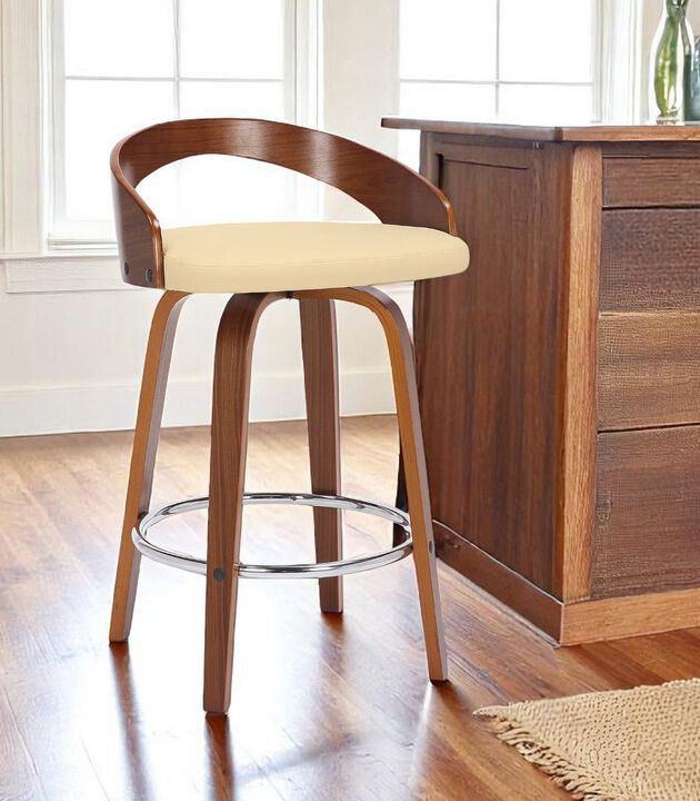 Hivvago 26 Inch Cream and Brown Faux Leather and Solid Wood Low Back Counter Height Swivel Bar Chair