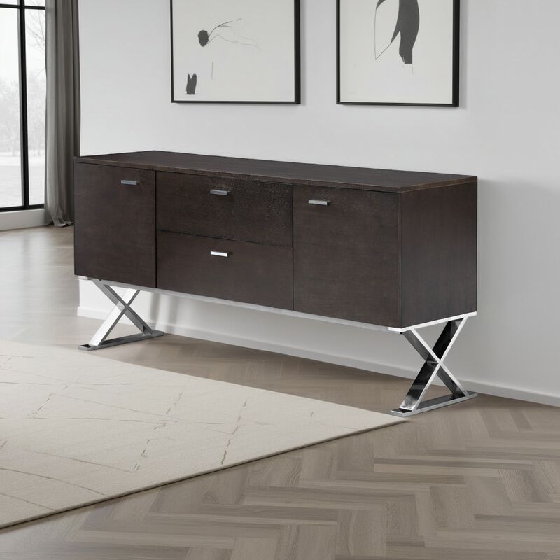 Rix Sideboard Buffet Console, 2 Door, X Chrome Legs, Brown 69 Inch - Benzara
