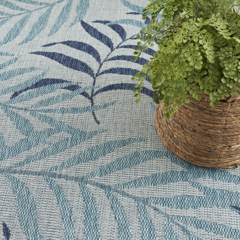 HomeRoots 9' X 12' Ivory Sky Blue And Blue Palm Leaf Indoor Outdoor Area Rug image number 3