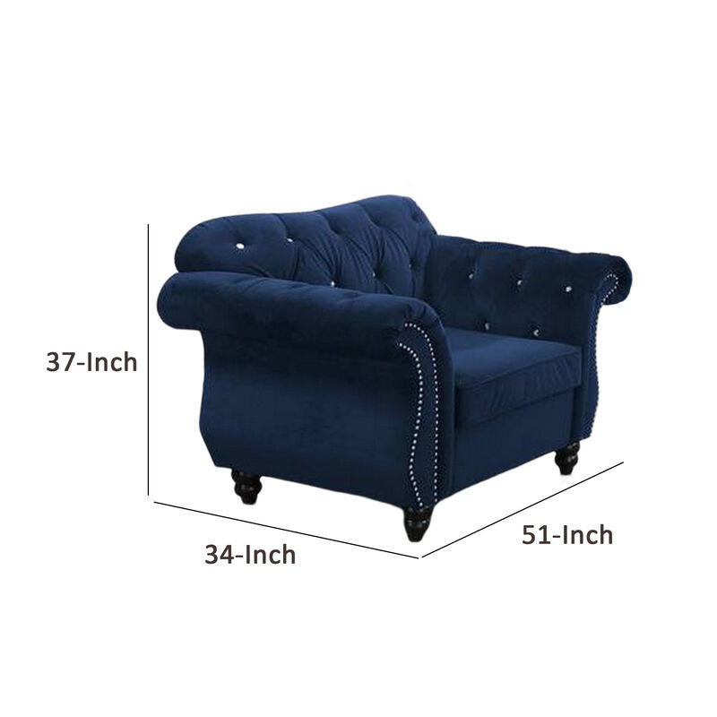 Rima 51 Inch Classic Accent Chair, Velvet Upholstery, Rolled Arms, Indigo-Benzara