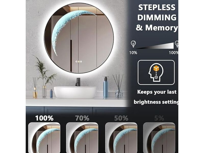 30" Black LED Mirror &ndash; Half Moon Light, Anti-Fog, Dimmable Decor