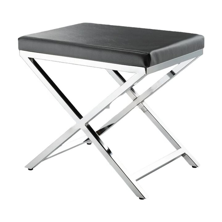 Myra 21 Inch Accent Stool, Gray Faux Leather Seat, Chrome Crossed Legs - Benzara
