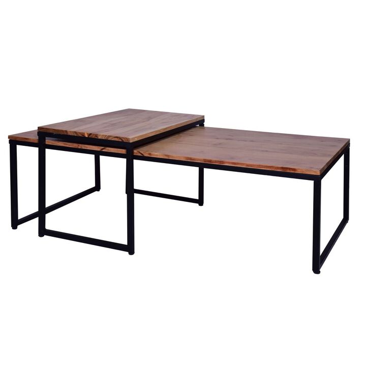 48, 27 Inch 2 Piece Rectangular Wood Nesting Coffee and End Table Set, Sled Metal Base, Brown, Black