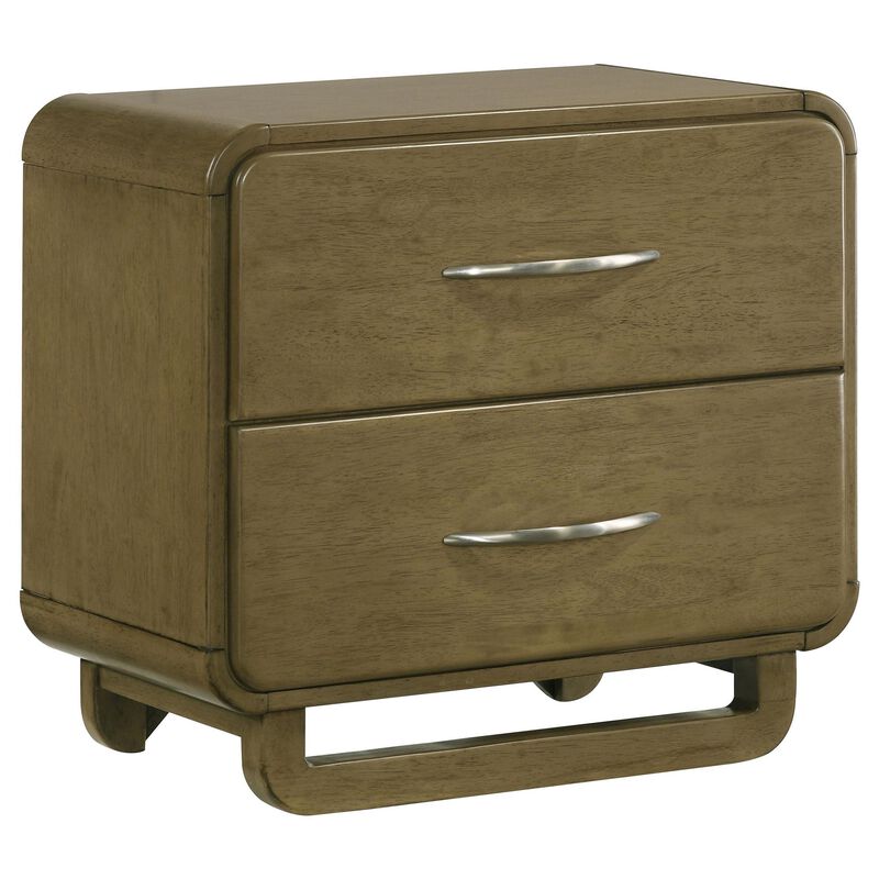 Deon Nightstand, 2 Drawers w Nickel Handles, Sled Legs, Nutmeg Brown - Benzara